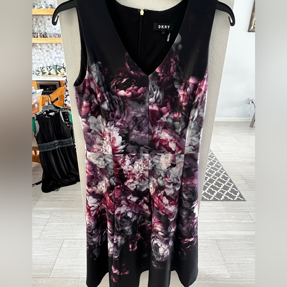 DKNY Black and Pink Sleeveless V-Neck Midi Dress